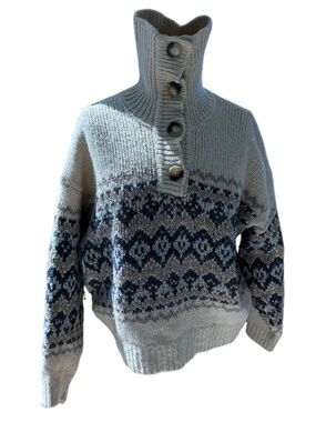 Vanessa Bruno Fair Isle super soft gray cream khaki quarter button sweater S